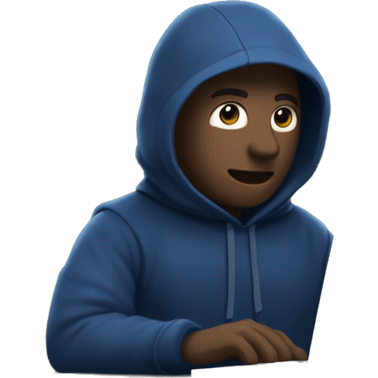 A man in a dark blue hoodie with a capelet on his head, his face not visible in the shadows, is sitting at a computer. emoji