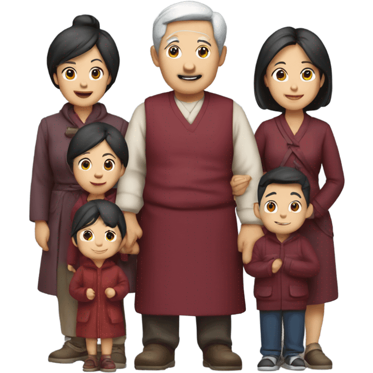 Middle-aged smiling Asian family of 6 with burgundy outfits emoji