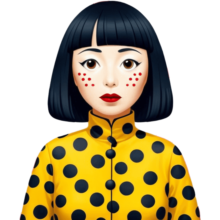 Yayoi Kusama – Cinematic Realistic Portrait of Yayoi Kusama, depicted as an avant-garde artist with an eccentric, captivating expression surrounded by her iconic polka dot patterns, rendered with vivid textures and imaginative lighting that evokes her unique, surreal creative world. emoji