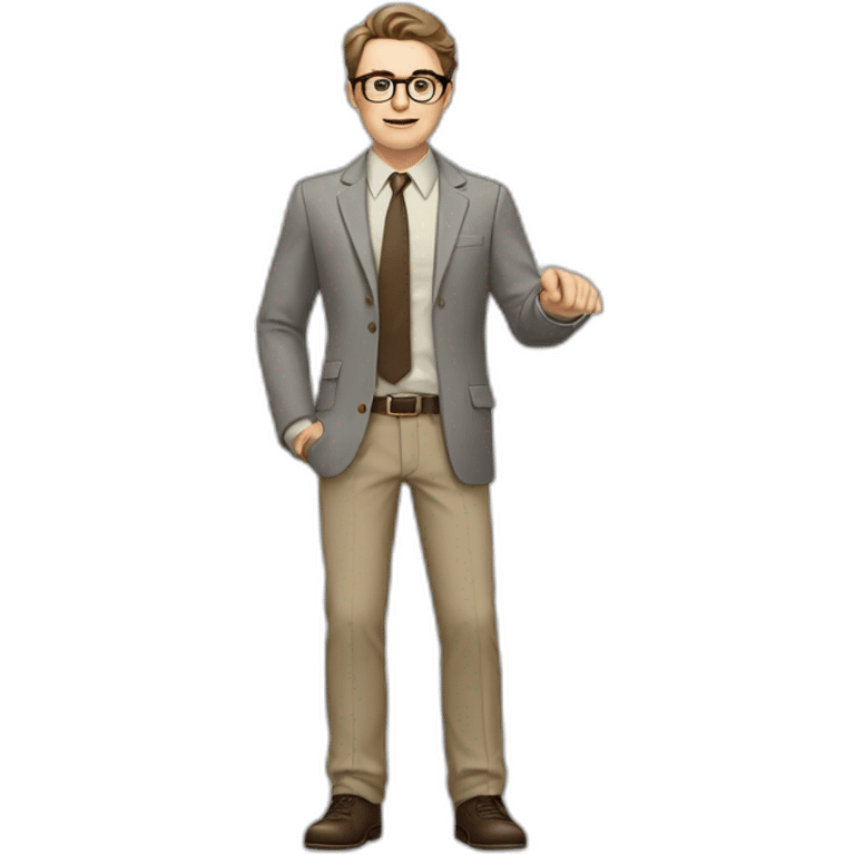 Full height Actively Gesturing Pale skinned fit man with dark brown hair in gray jacket, beige office shirt, brown tie, brown pants and vintage glasses. emoji