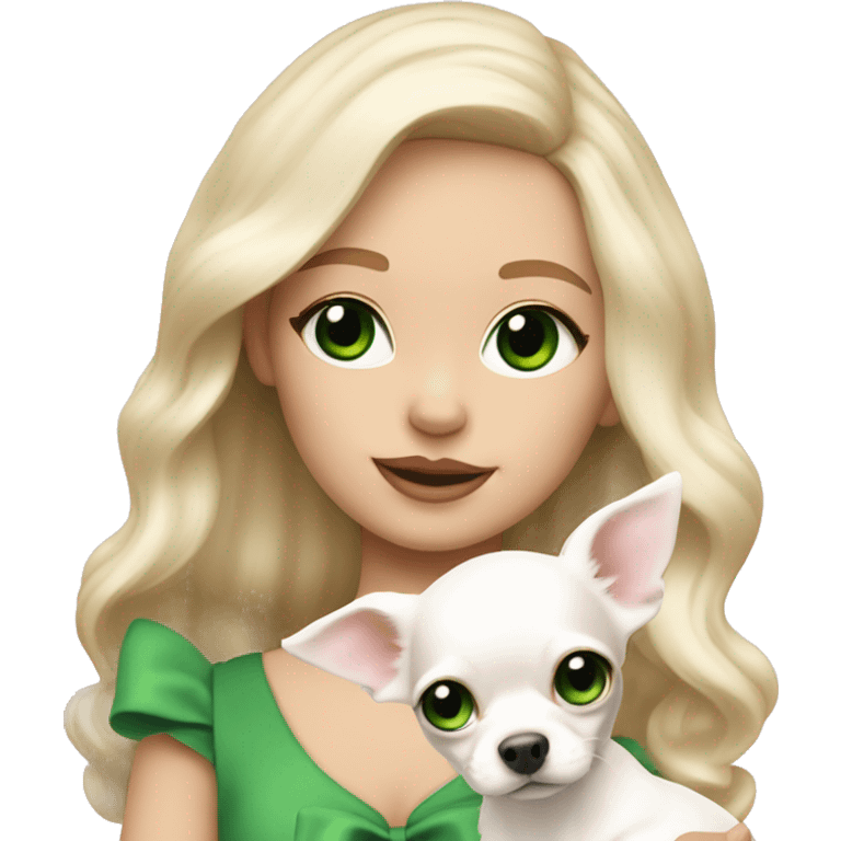 pale blond girl with wavy long platinum hair with green eyes holding a white chihuahua puppy that wearing a pink bow emoji