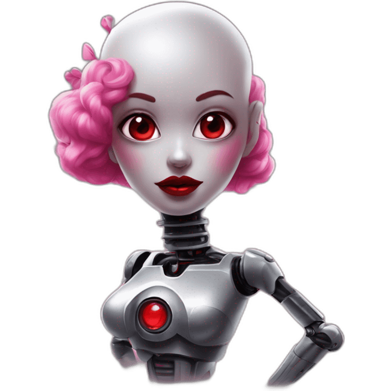 Robot speak with young woman with this style : gothic Pin-Up pink eyes and red mouth emoji