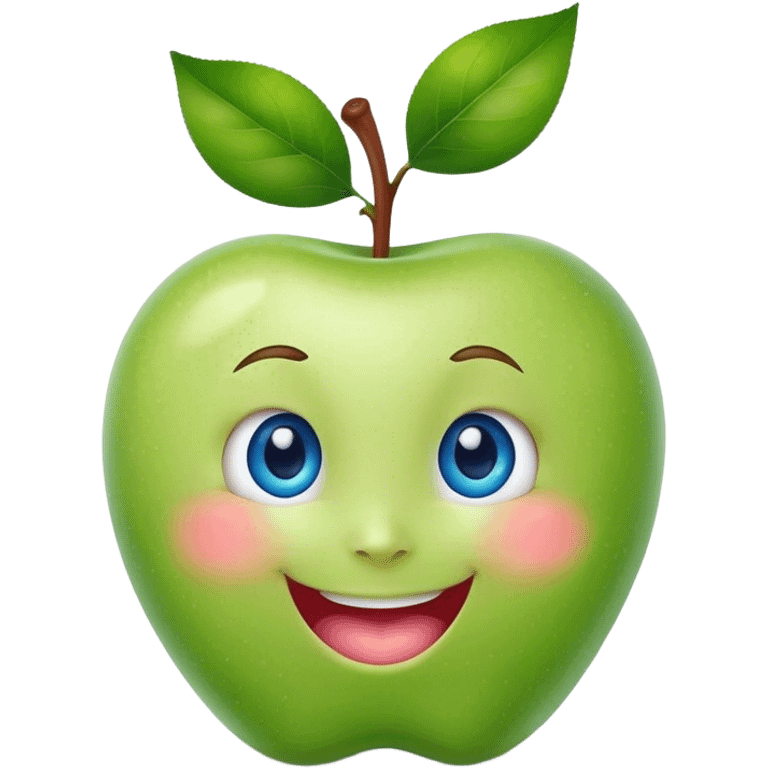 A cute green apple with a big smile and blue expressive eyes emoji