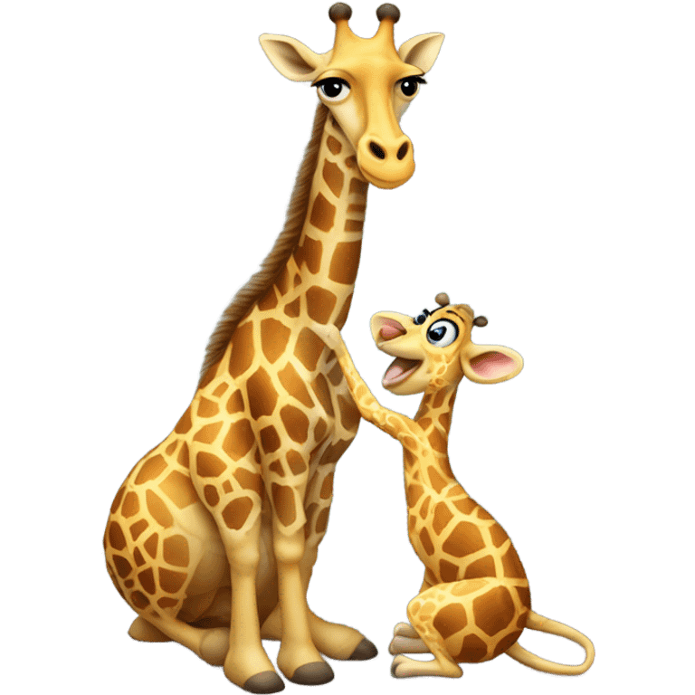 A giraffe is kneeling to propose to his mouse girlfriend. The giraffe is much larger than the mouse lady emoji