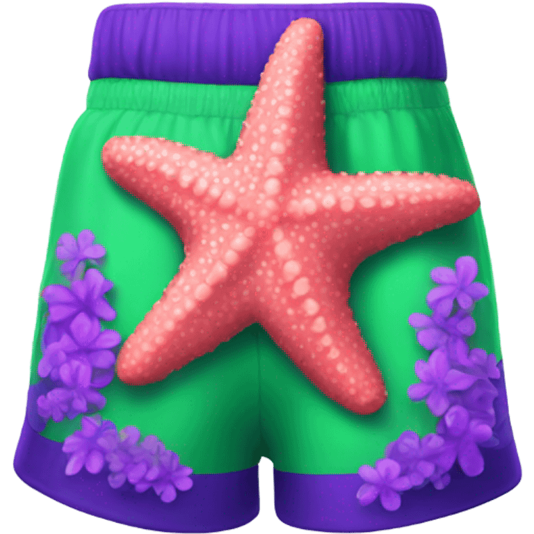 coral pink starfish wearing neon green shorts with purple flowers on them  emoji