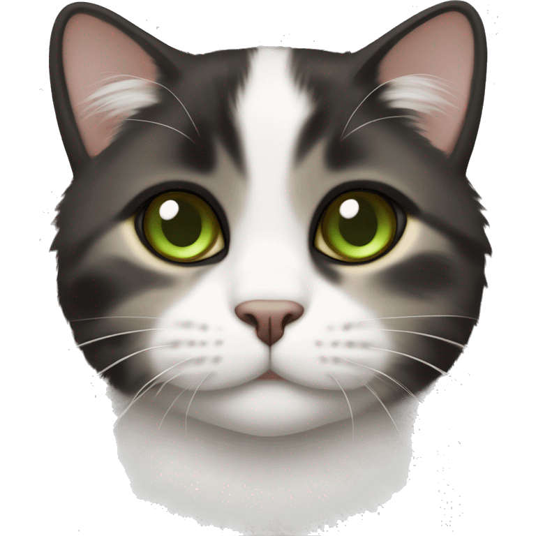 t’s a black and white cat with brownish fur on its ears, a mix of Munchkin and Scottish Fold breeds. It has large, green eyes. emoji