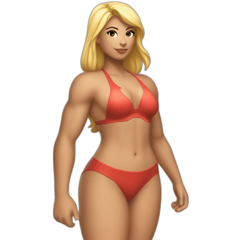 Slim-thicc Caucasian woman bikini superhero pose (beach body) lower body emoji