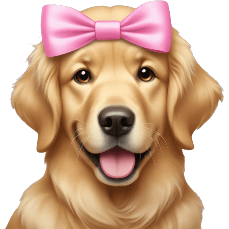 Golden retriever wearing a pretty pink bow and wink emoji