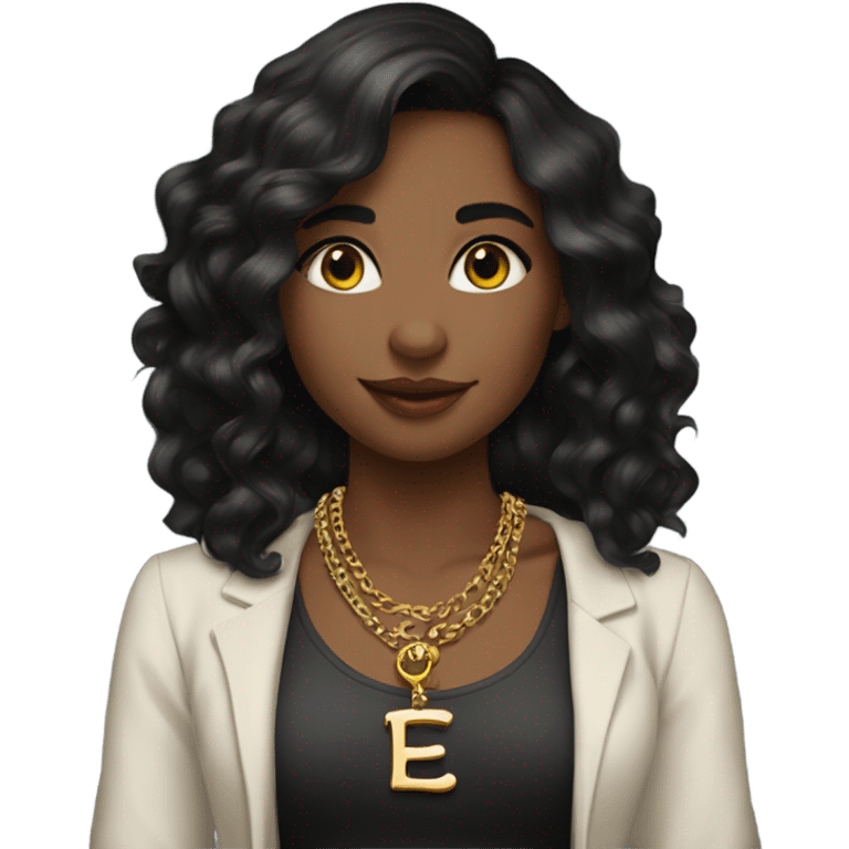 a girl with BLACK long wavy hair, wearing a letter E necklace, shes wearing elegant clothes and jewelry with natural makeup  emoji