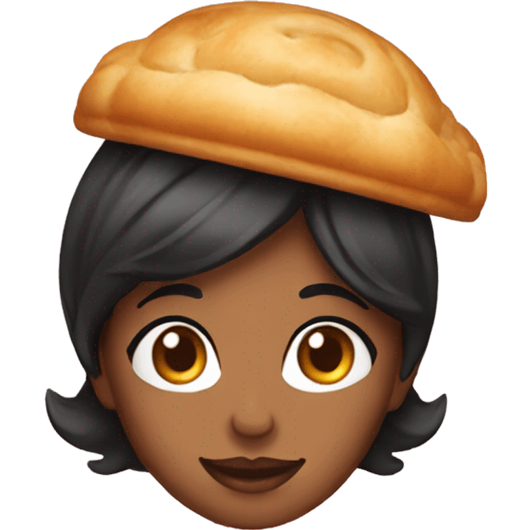 black haired woman wearing pastry hat emoji