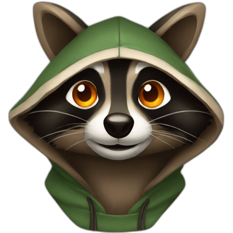 brown raccoon with orange eyes and a dark green hood that is smiling emoji