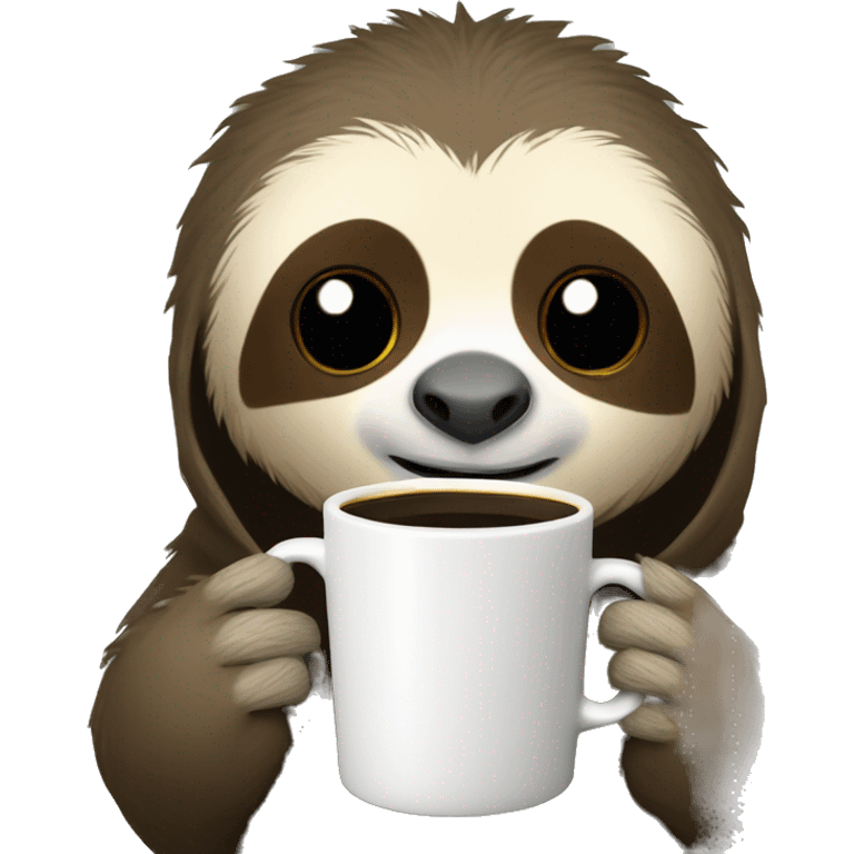 Cute sleepy Sloth in black turtleneck with coffee mug simple ios emoji