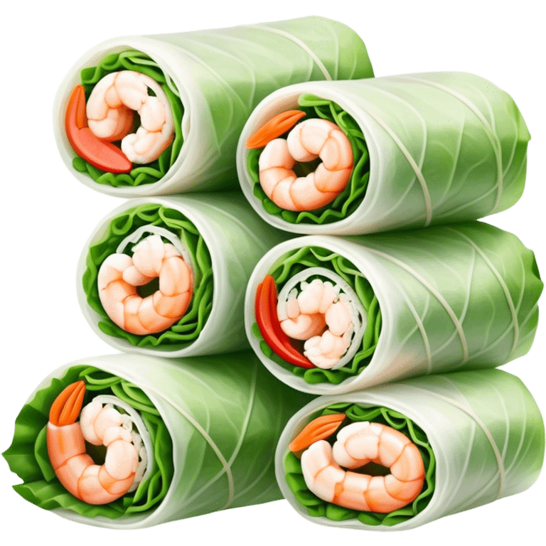 Cinematic Realistic Vietnamese Summer Rolls Dish Emoji, depicted with delicate rice paper wraps filled with fresh vegetables and shrimp rendered with crisp textures and refreshing lighting. emoji