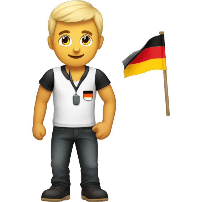 Guy standing at 45 degree angle with German flag on his shirt with his arm diagonally up and he has a mustashe emoji