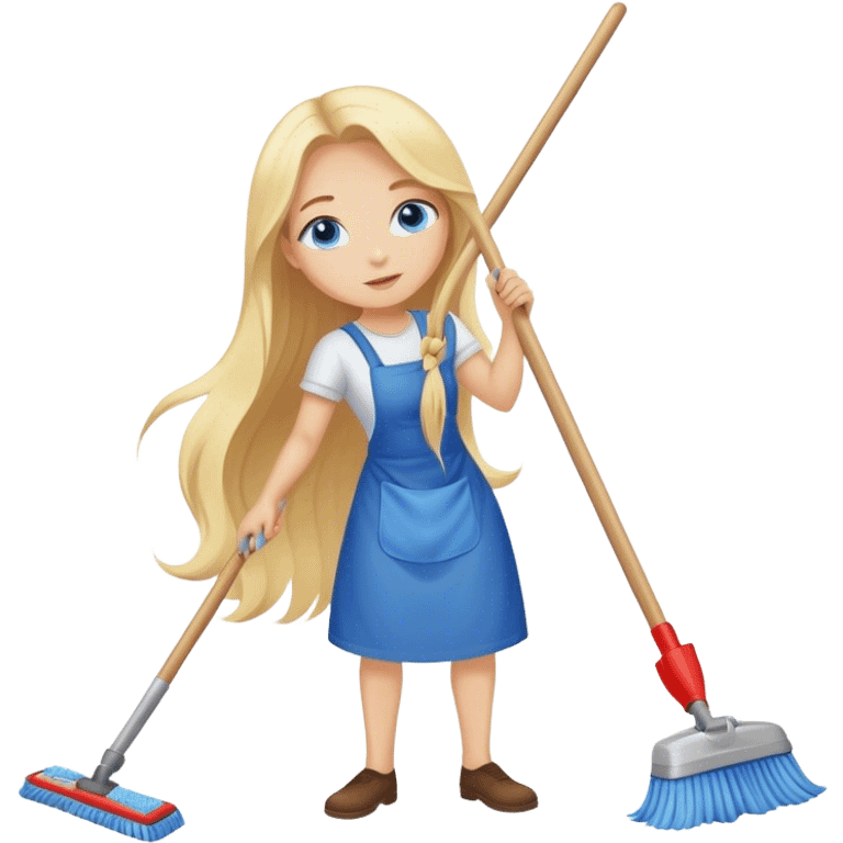 Cinematic realistic blonde with long hair, blue eyes cleans floors emoji