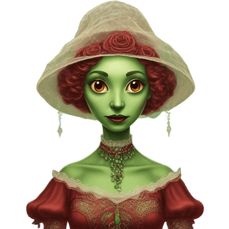 a green amazon alien woman in Victorian red emoji