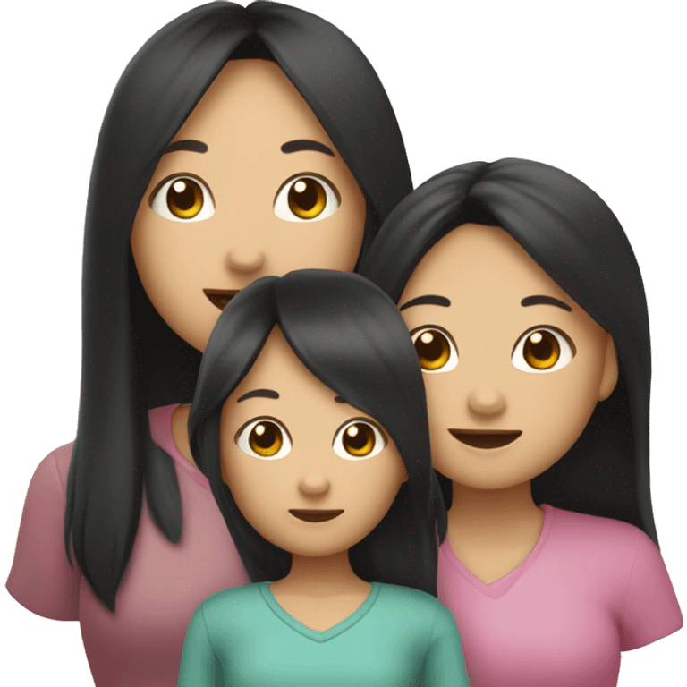 Asian mom with long black hair, one older daughter with very long hair, and two twin daughters with long dark hair emoji