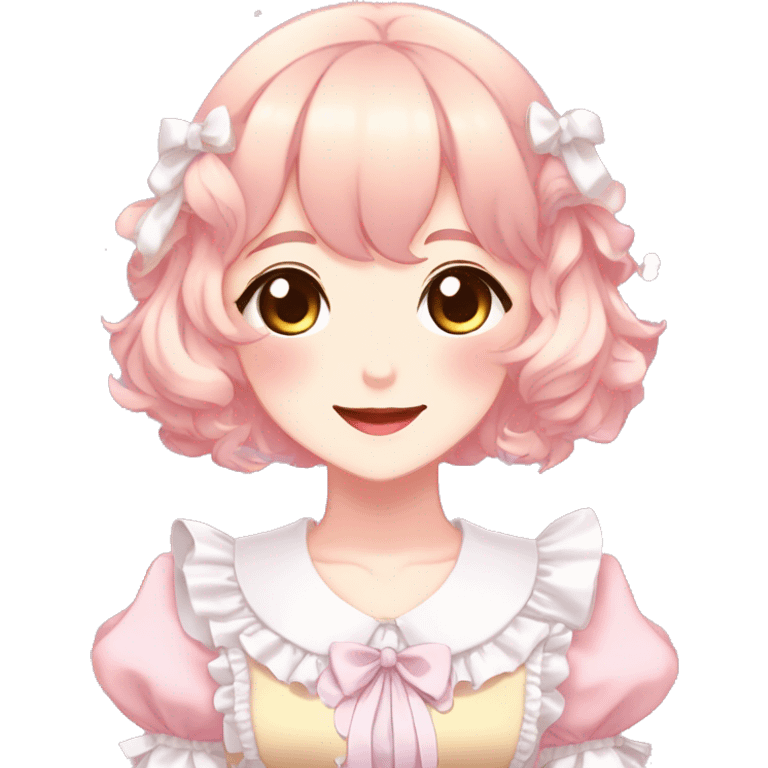 Gorgeous anime style lady blushing face maid outfit Lolita idol model colorful shiny sparkle kawaii pastelcore cottagecore pearly petite simplistic aesthetic trending style emoji