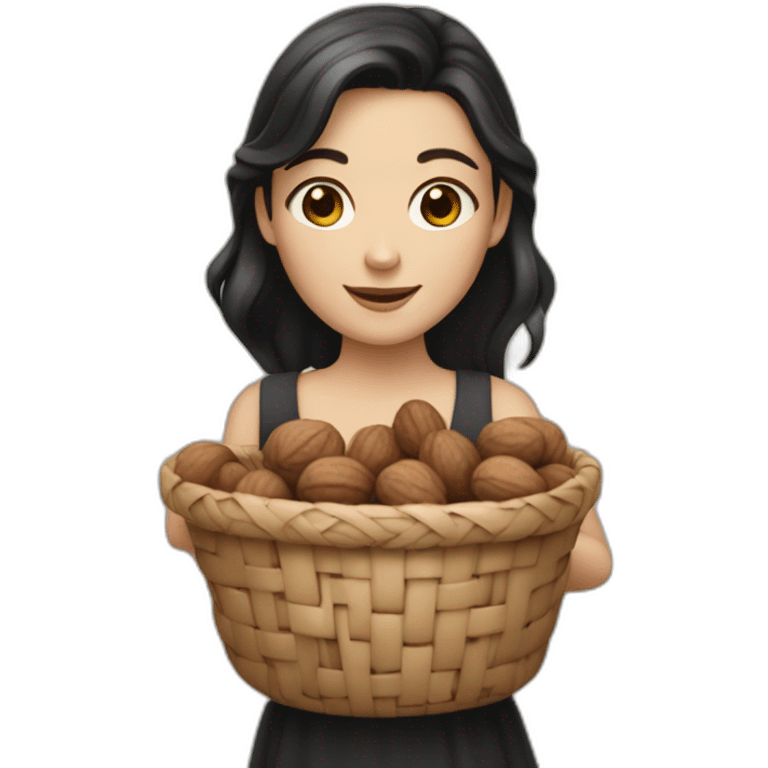 White girl with black and small hair holding a basket of walnuts emoji