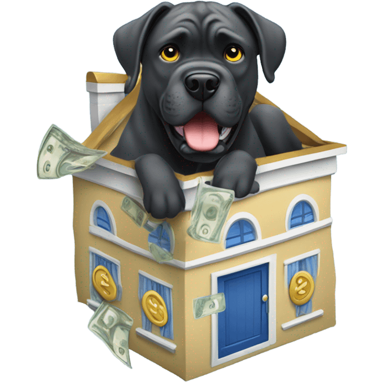 A Cane Corso buying a blue and gold house with money in his mouth. emoji