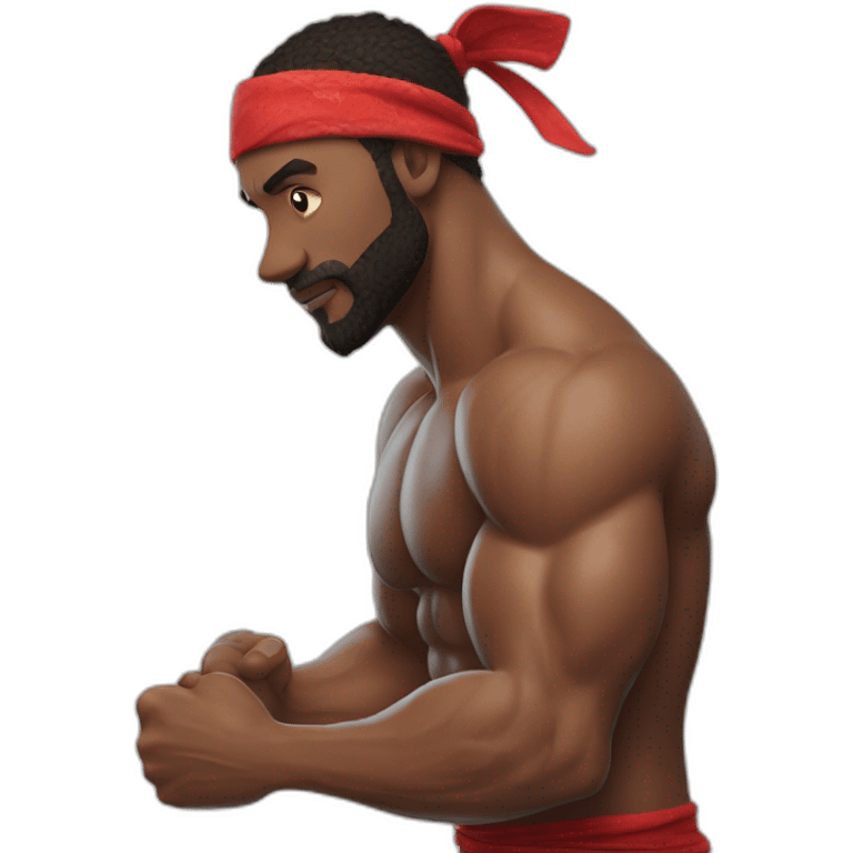 muscular man in red bandana standing sideways turns his head to face the viewer,his left hand is bent in the elbow,torso emoji