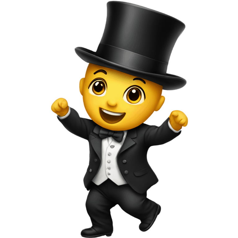 A baby wearing a top hat and dancing emoji