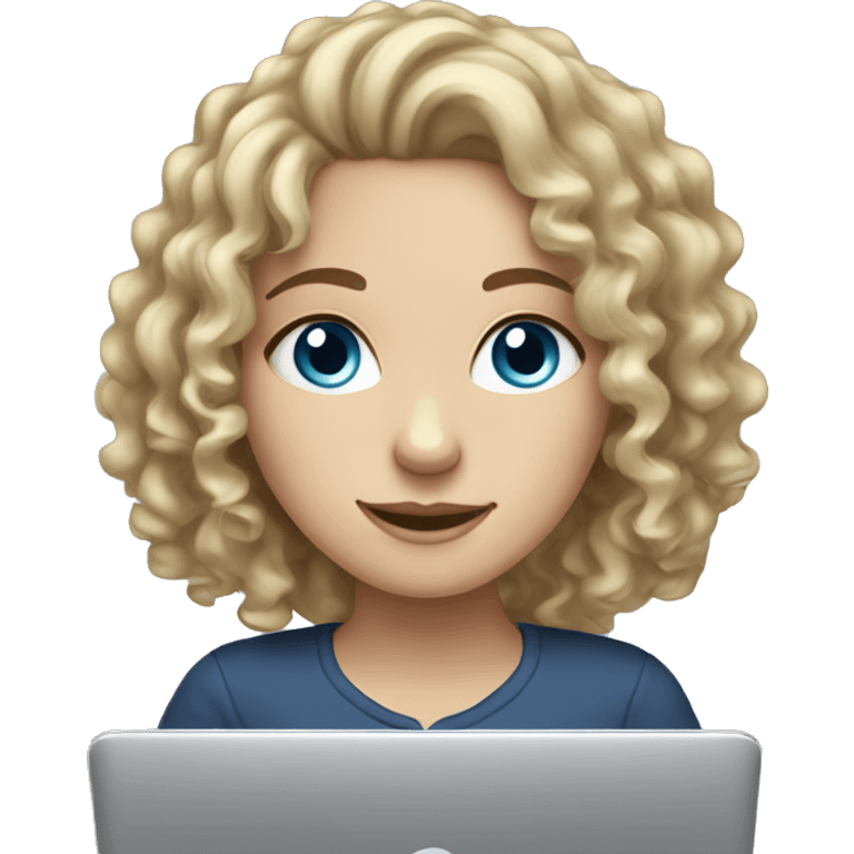 A white girl with curly hair and blue eyes is working on a laptop emoji