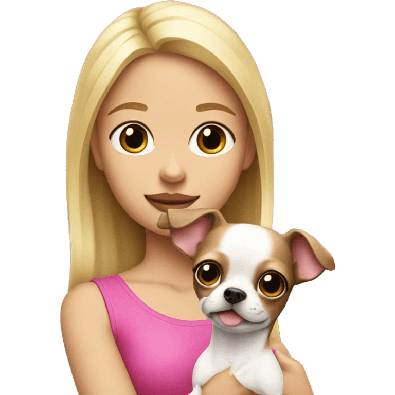 blonde girl with pink & white dark brown chihuahua in her arms emoji