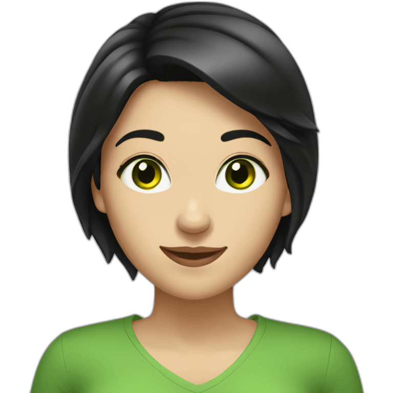 Caucasian woman with black hair and green eyes cheerful emoji