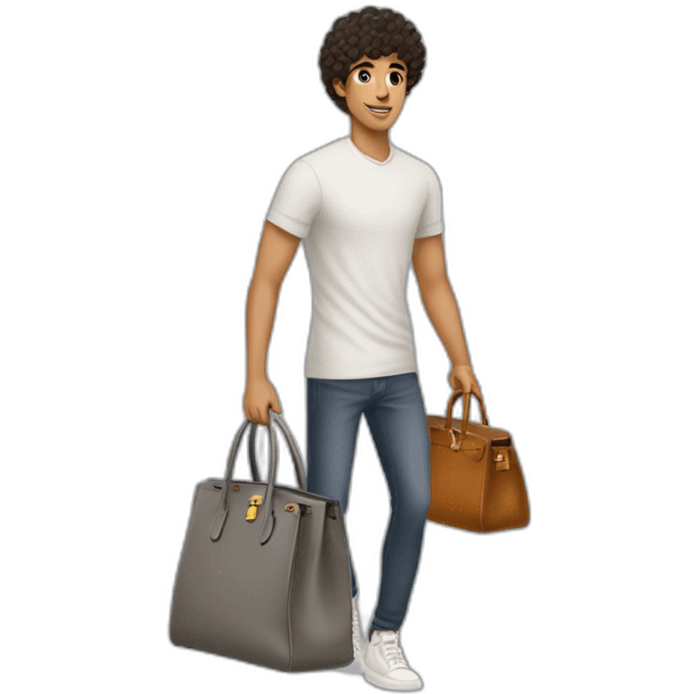 Handsome skinny latino with short curly hairs wearing a grey hermes Birkin bag emoji