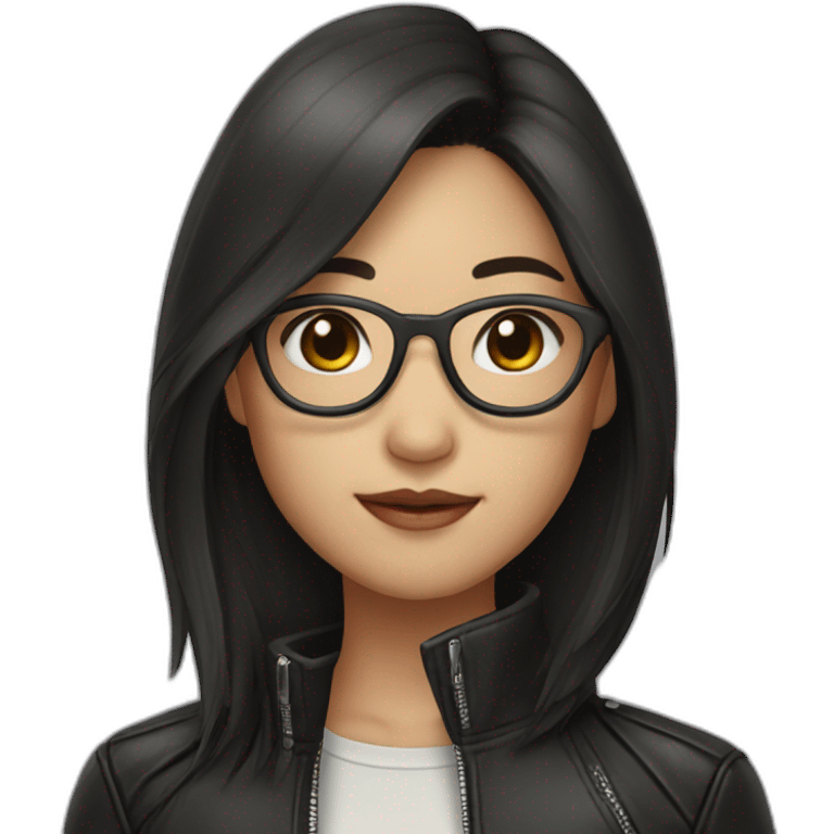 Asian girl in glasses and leather jacket whith dark long hair emoji