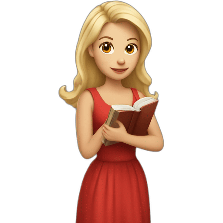 Mujer con un libro, rubia con cabello rizado y vestido rojo emoji