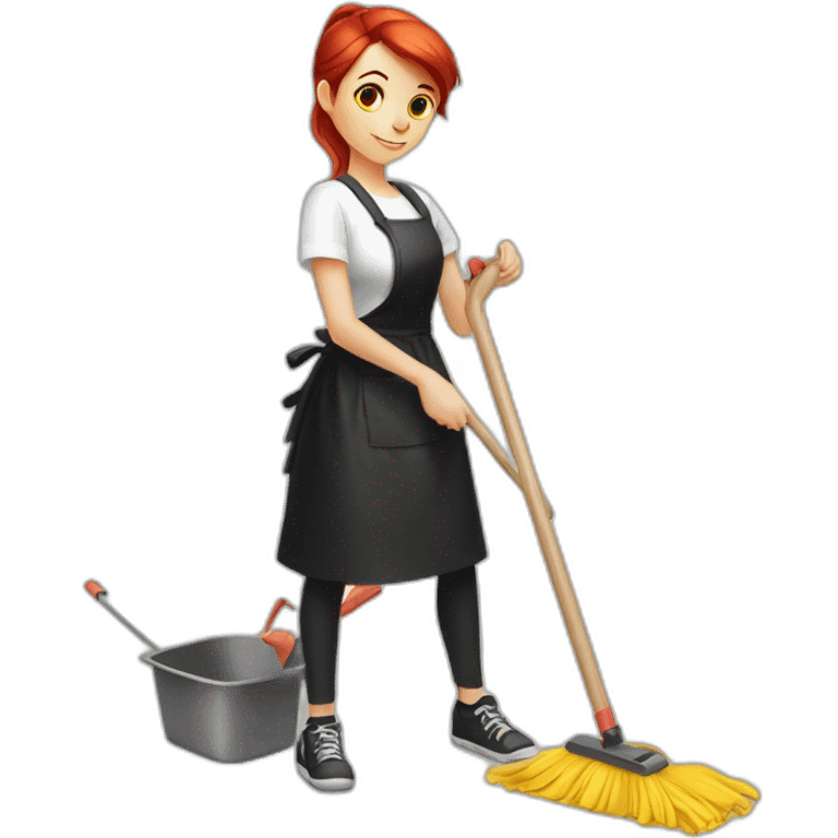 Slavic girl with red hair in a ponytail in a white T-shirt and a black apron washes the floor with a mop  emoji