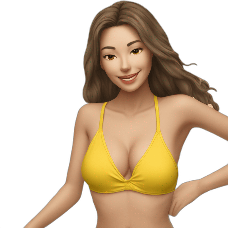 Sexy pose soft-fit Caucasian woman yellow bikini (beach body) bed emoji