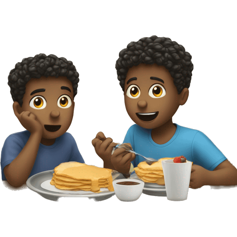 Two young brothers eating breakfast at the table while their dad does their hair  emoji