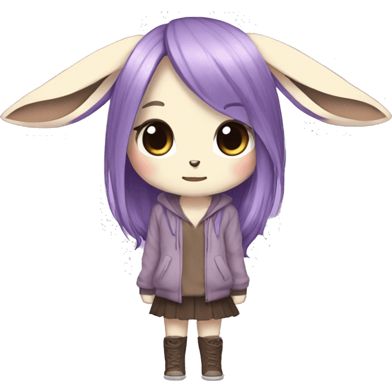 Kawaii Pale Eevee with dark brown long emo hair covering her eyes, violet iris Full Body emoji