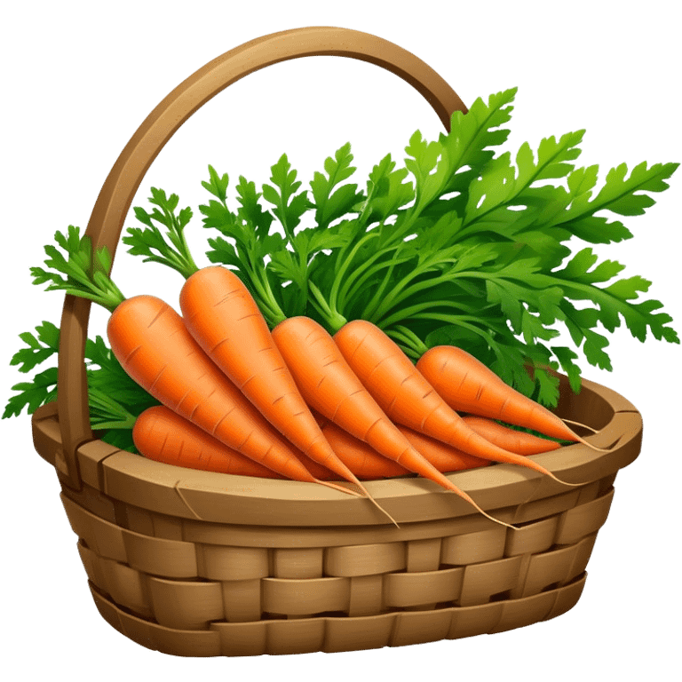 Cinematic vibrant orange carrot, crisp and fresh, slightly twisted with green leafy tops, arranged in a rustic wooden basket, natural and inviting. emoji