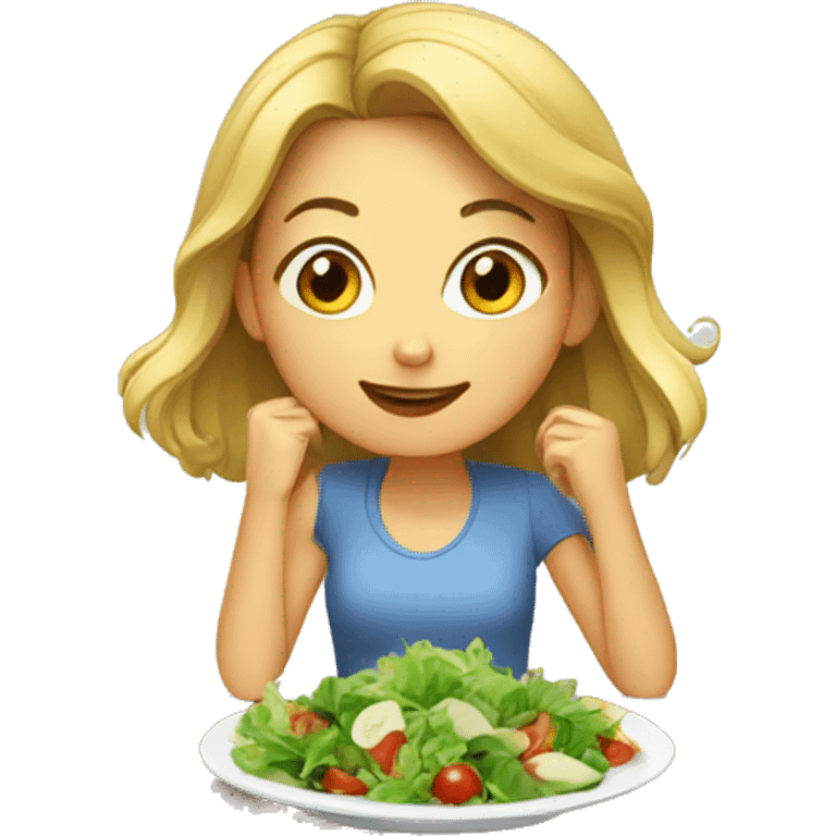 Girl eating salad on a table emoji