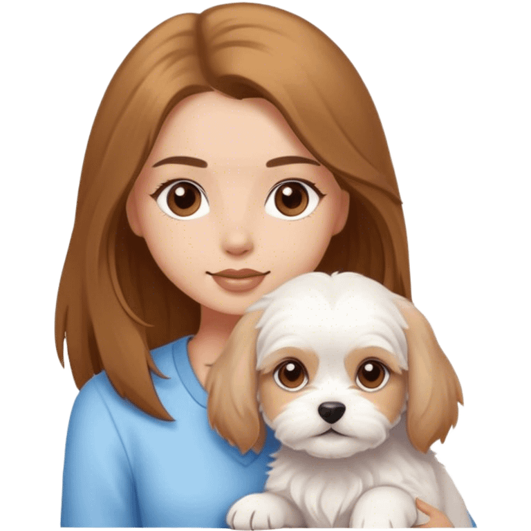 Maltese puppy with light skin girl owner long hair brown eyes  emoji