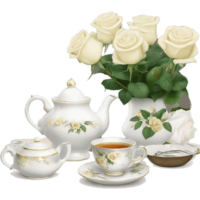 light academia tea set and white roses emoji