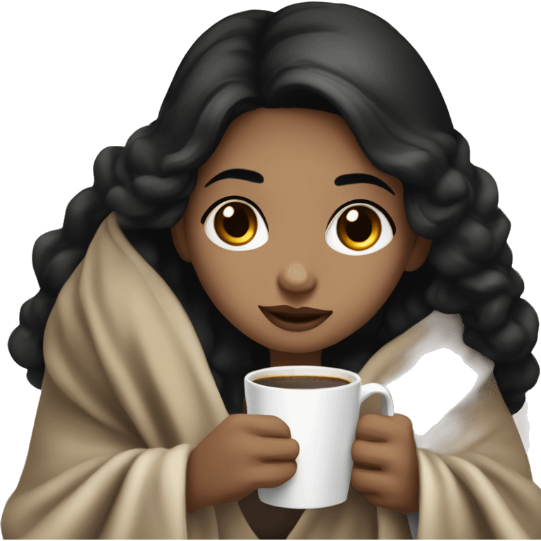 pale girl with dark brown eyes and black hair sitting with a blanket on her lap and a coffee in her hand  emoji