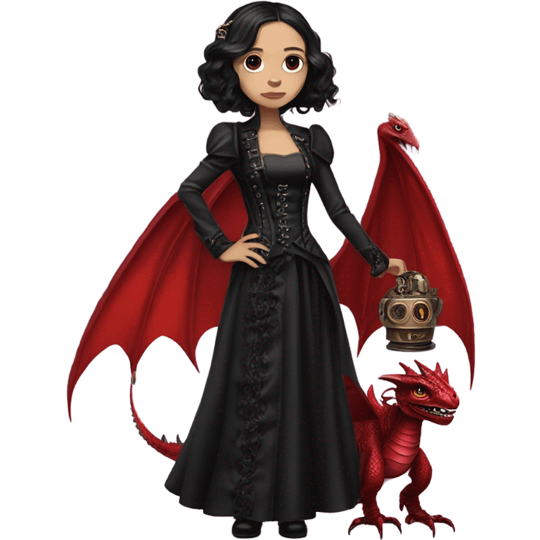 Lavish Victorian evening gown with gloves, Jenna Ortega as Addams girl Jedi wearing a steampunk mini tiara, standing next to a very large blood red evil-looking horned dragon emoji