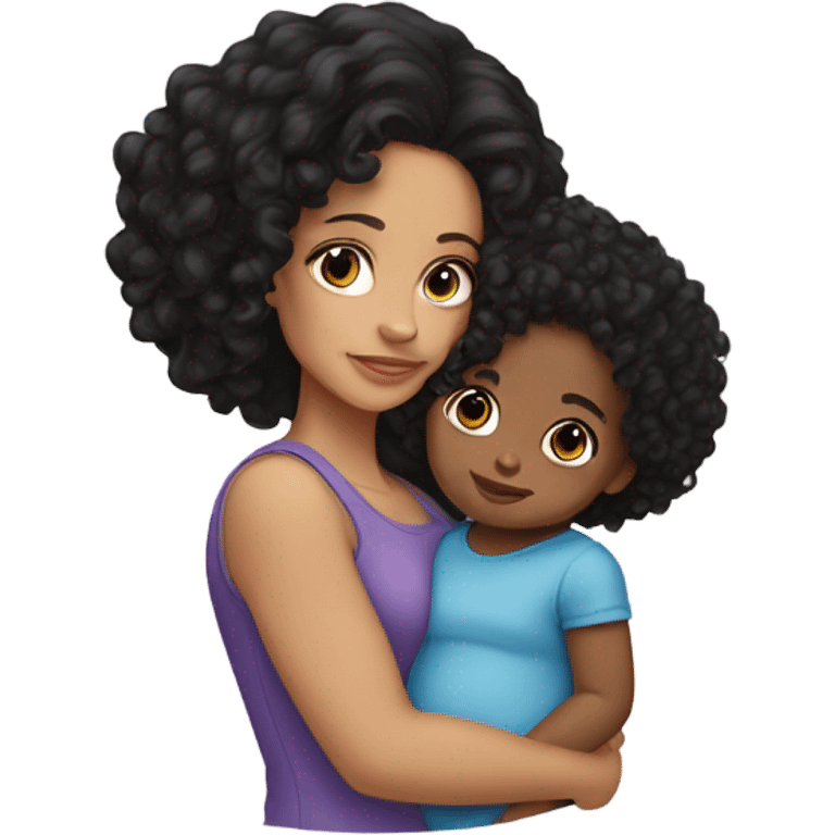 light skin woman standing with black hair holding a curly head mixed baby girl emoji