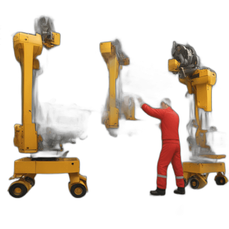 a team of two assembly men, disassembling industrial machinery in red uniforms, with a portico emoji