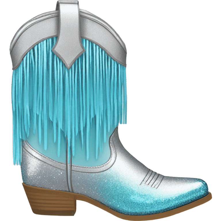 Realistic silver and pastel blue ombre pair of fashion cowgirl boots with sparkly shiny glitter fringe on them. emoji