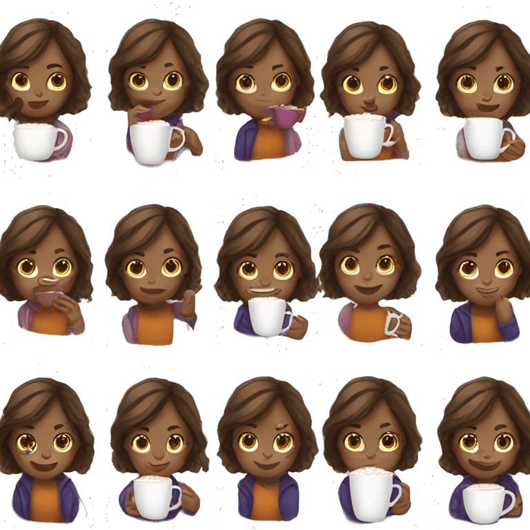 Girl long, wavy & brown haired, white skin drinking hot cocoa  emoji