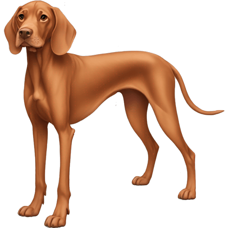 Grown Vizsla dog. Standing. Long ears. Long legs. Light color paws. Very Light color face.  emoji