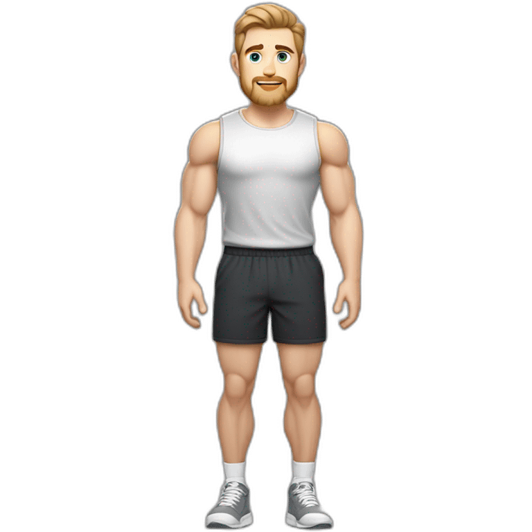 Full height Pale skinned fit man With biceps, Realistic eyes and mouth, light brown hair and stubble In dark gray sleeveless mike, black oversize sports shorts, watch and white sneakers. emoji