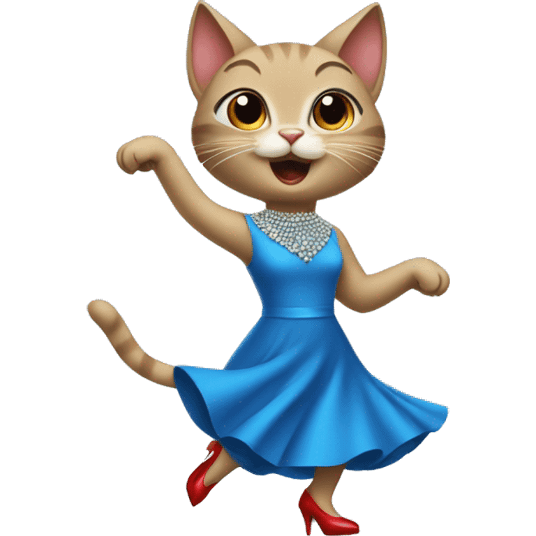 Cat dancing in a blue dress with diamond red heels emoji