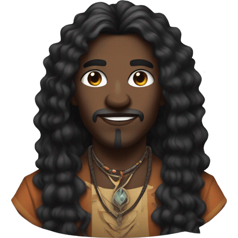 A modern witchdoctor, A black male with pointed ears with long black curly hair emoji